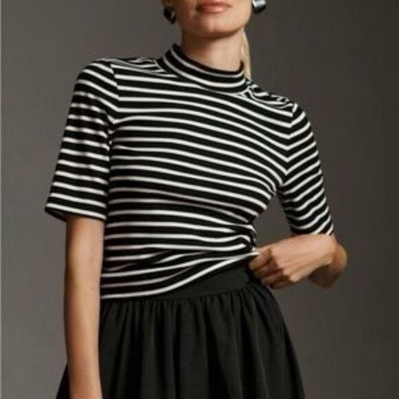 Anthropologie Tops - Maeve x Anthropologie Striped Mock Neck Tee Size XXS Black White Short Sleeve